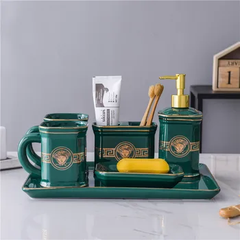 

Bathroom Accessories Set Ceramic European Style Toothbrush Holder Soap Dispenser Gargle Cup Soap Dish With Tray Wedding Gifts