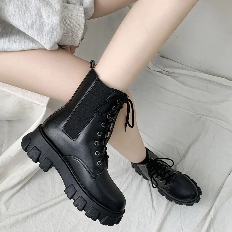 Dropship Women Flat Platform Ankle Boots Spring Boot Black Lace Up