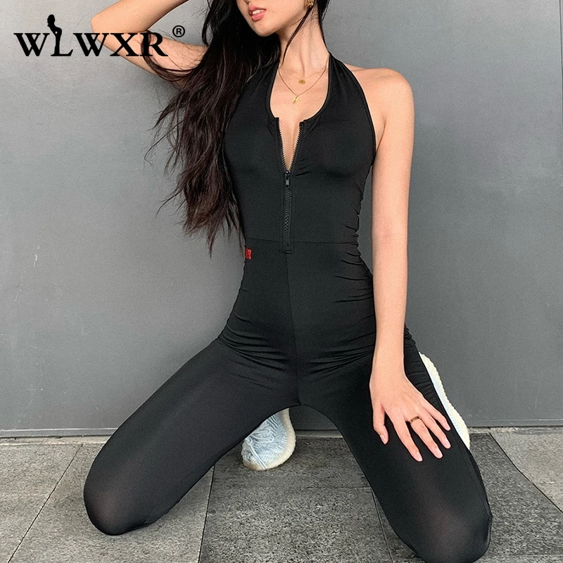 Женский комбинезон на молнии WLWXR черный слитный с открытой спиной Длинный