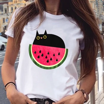 Women Graphic Cat Lovely Animal Fashion Short Sleeve Spring Summer Cartoon Print Female Clothes Tops