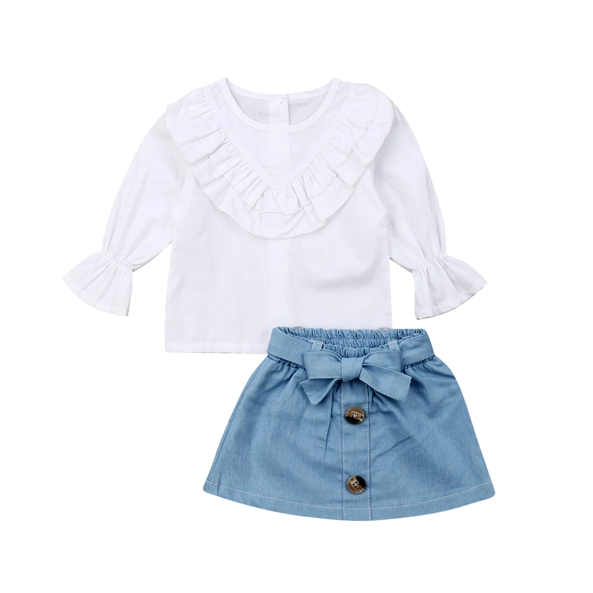 Комплекты одежды для маленьких девочек белый топ с длинными рукавами и рюшами+ джинсовый юбочный наряд трапециевидной формы