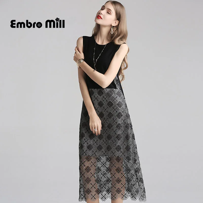 

Autumn And Winter Retro Dress Streetwear Style Palace Embroidery splice knitting Sleeveless Slim Elegant A-line Vest Dress M-XL