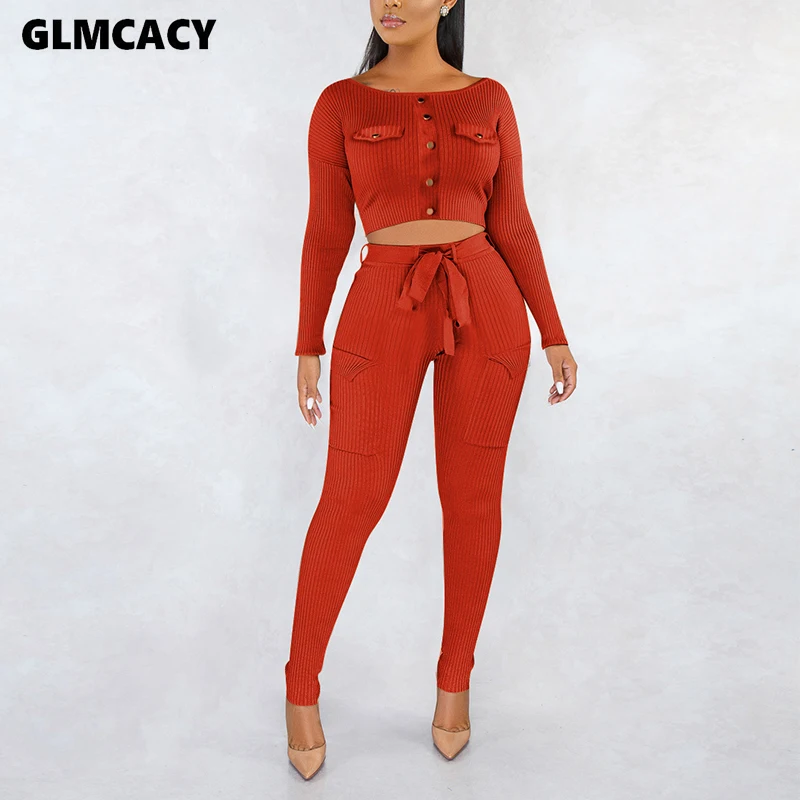 

Women Knitted Two Piece Sets Autumn Winter Long Sleeve Crop Top and Pants Set Skinny Casual Sweater 2 Piece Set Outfits