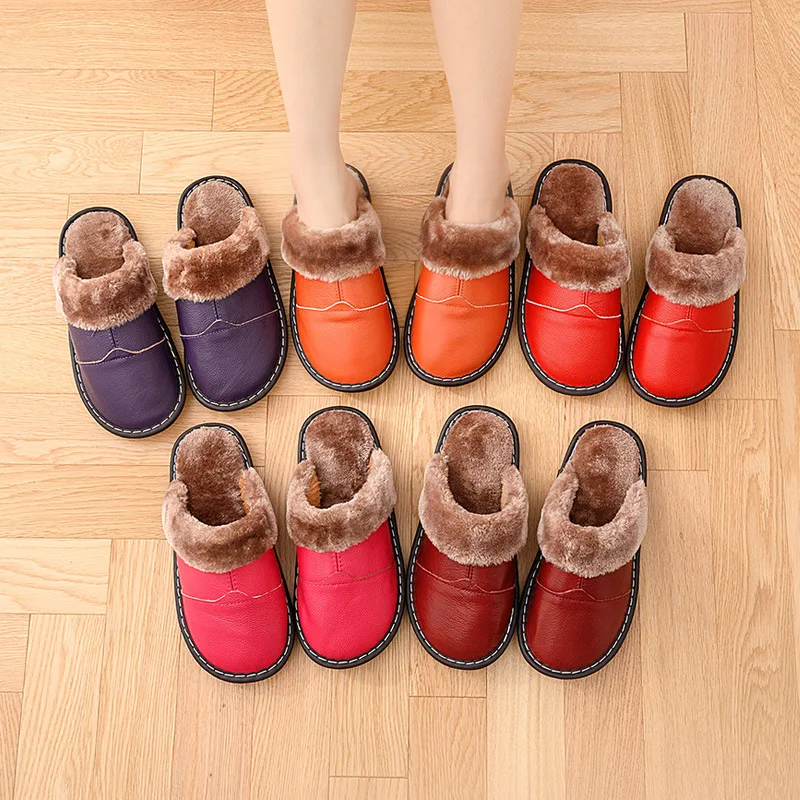 

New Style Haining Leather Slipper Winter Rubber Sole Couples Leather Slippers Men And Women Household Cowhide Cotton Slippers