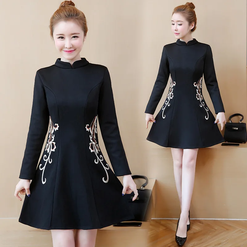 

2019 Spring Clothing New Style China Ethnic-Style WOMEN'S Dress Improved Cheongsam Style Dress Spring And Autumn Base Long Skirt