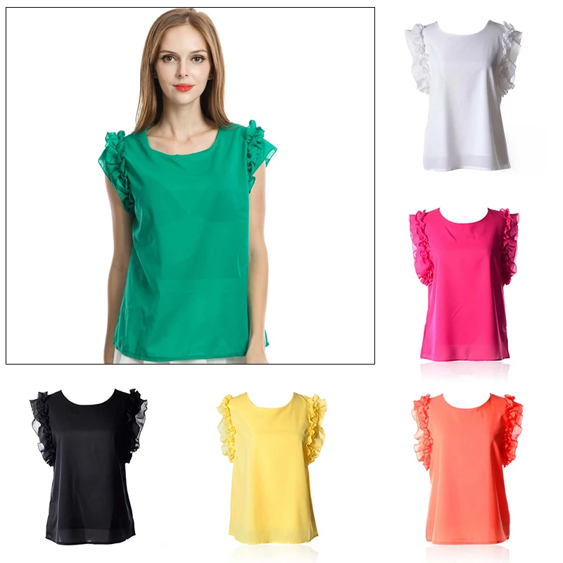

2019 New Fashion Women Blouse Lotus Leaf O-Neck Lacing Tank Top Bow Sleeveless Chiffon Shirt Casual Chiffon Blouse Tee Tops