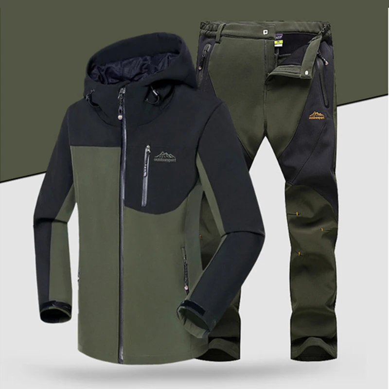 

Men Winter Waterproof Softshell Jacket Set Fishing Warm Fleece Hiking Outdoor Jackets Trekking Coat Set Pants Oversize Trousers