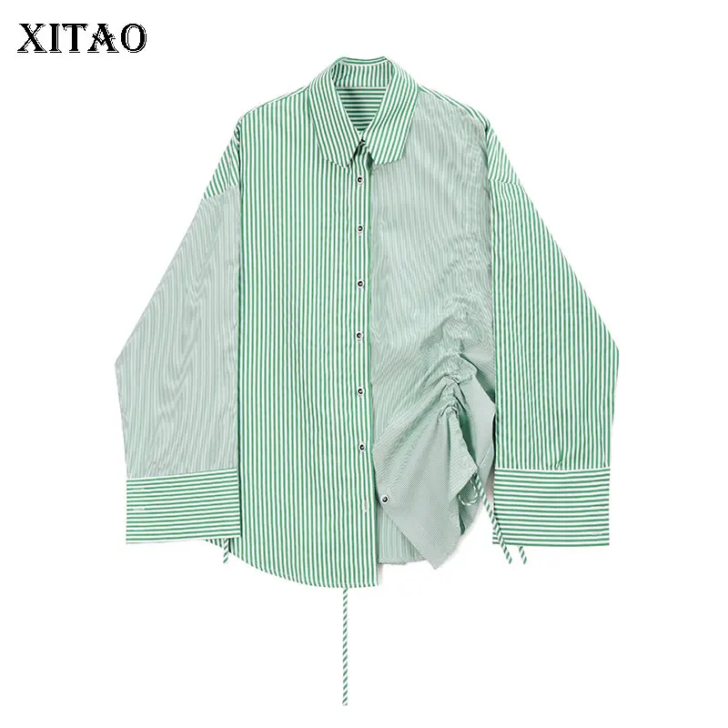

XITAO Hit Color Patchwork Striped Blouse Drawstring Women Clothes 2020 Spring New Single Breasted Turn Down Collar Top ZLL4863