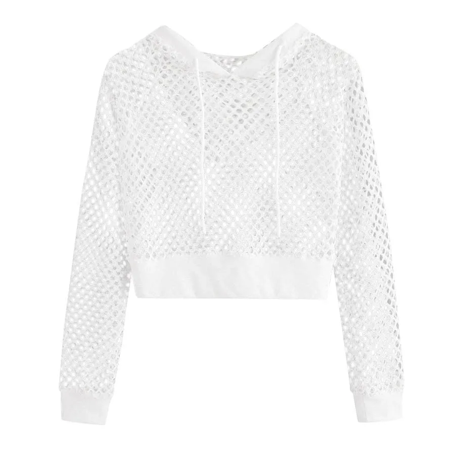 40* Women Cut Out Mesh Insert Cropped Hoodie Sweatshirt Punk Style Long Sleeve Crop Top Solid Leisure Streetwear Sweatshirts
