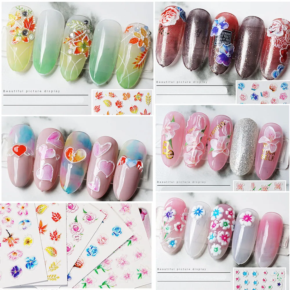 1 шт 5D акриловые Выгравированные натуральные Цветочные наклейки на ногти бабочки Водные Наклейки для ногтей модные эмпаистические Слайдеры для ногтей DIY Дизайн ногтей Декор