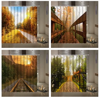 

Autumn scenery 3d printing shower curtains car track long alley sunset bathroom decoration curtain partition screen with hook