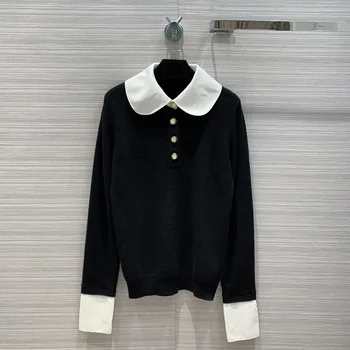 

Luxury Brand Knit Sweater Pullovers 2020 Autumn Women's French Elegant Doll Collar Contrast Color Slim Sweet Black Wool Sweaters