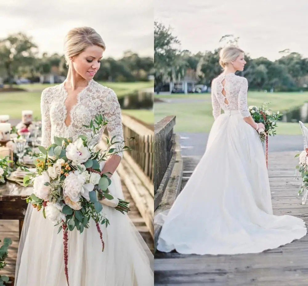 

Vintage A-Line V-Neck Long Sleeve Tulle Wedding Dresses Sweep Train Lace Bridal Gowns for Women Custom Made