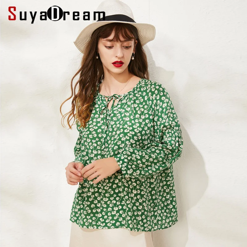 SuyaDream с длинными рукавами круглый воротник шелк с цветочным принтом Блузки натуральный шелк зеленый офис леди блузка рубашка Осень рубашка