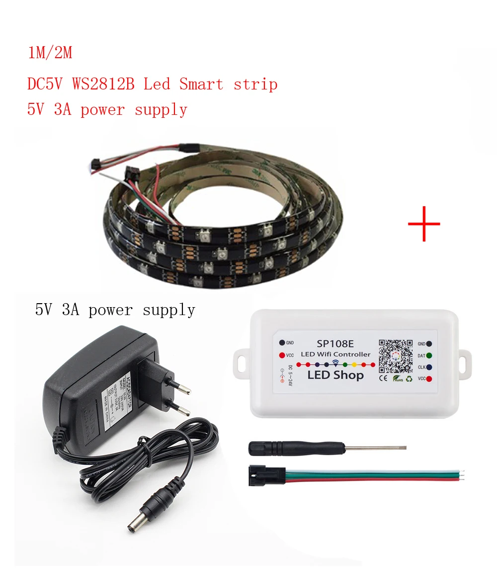 

2-3m DC5V WS2812B Led Strip 30 pixels/leds/m WS2812 IC Smart 5050 RGB led Strip light+5V LED Power Supply + LED Controller