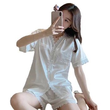 

YAHOUHEI Lovely And Sweet Pajamas Women'S Summer Silk Short Sleeve Shorts Lace Cardigan Set Girls' Pajamas