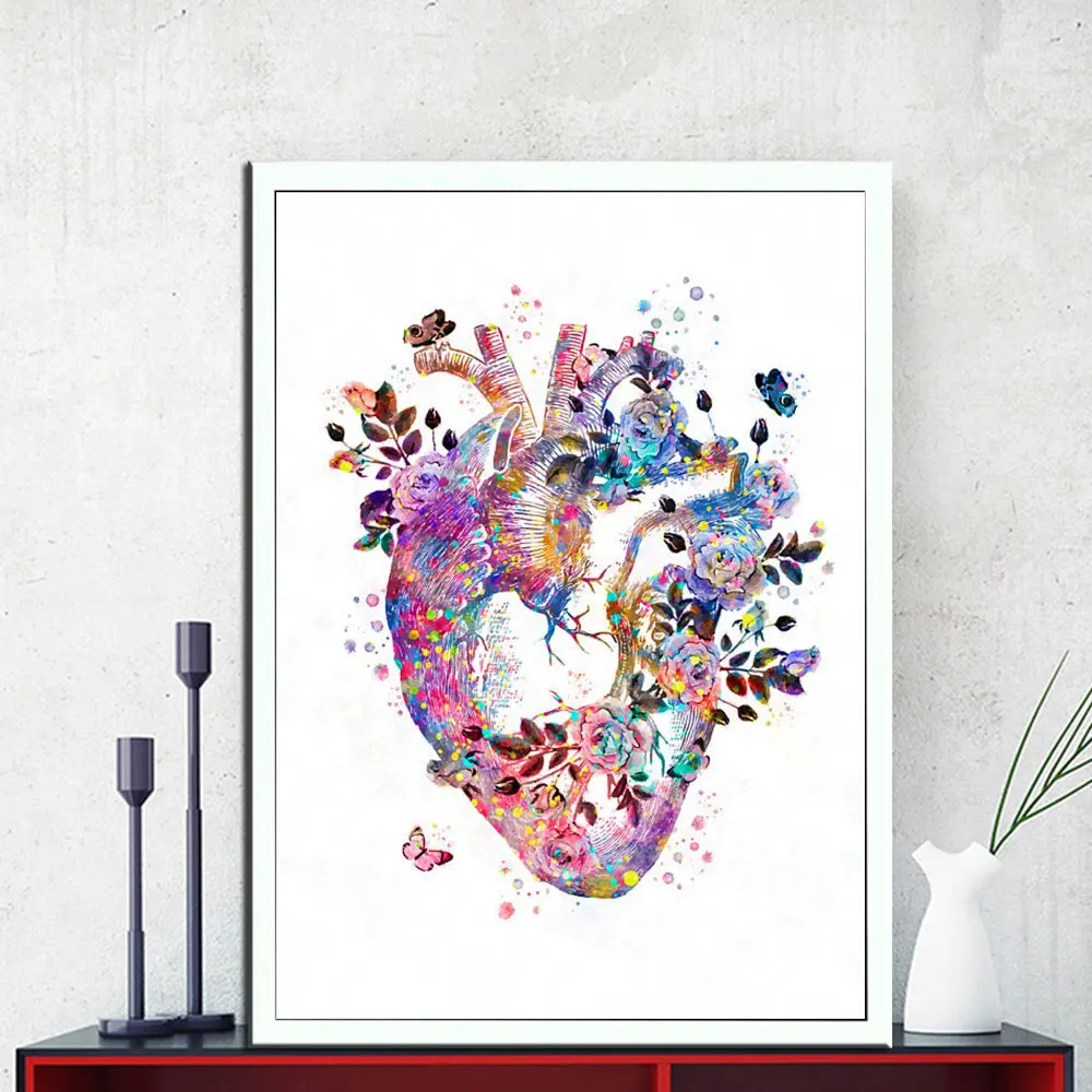 

Human Heart Print Organ Anatomy Canvas Painting Medicine Anatomical Poster Vintage Print Flower Pictures Clinic Decor
