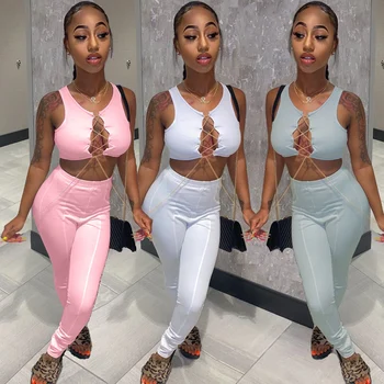 

HAWTHAW sexy women summer clothes lace up crop tank top long pant skinny tracksuit outfits tracksuit 2 piece matching sets