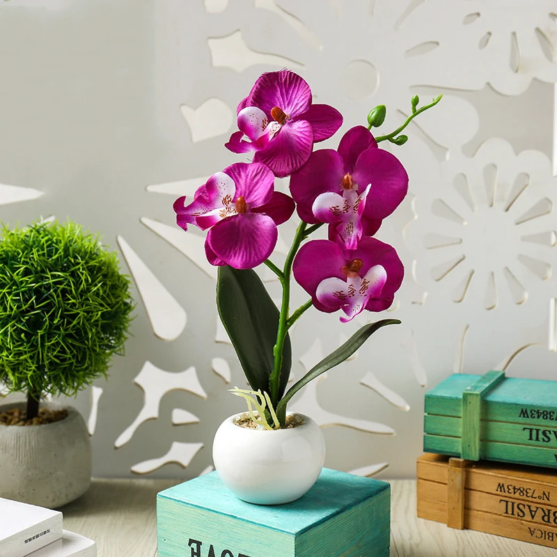 Artificial Flower Four Heads Fake Potted Plant Phalaenopsis Bonsai Decoration Cheap Fake Flowers For Home Wedding Decor Indoor - Цвет: JH1174
