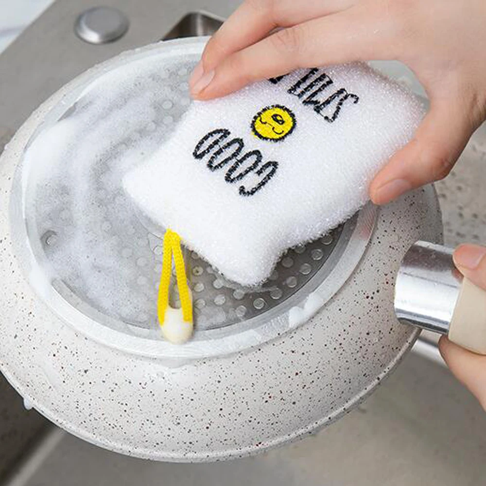 4pcs Multifunctional Kitchen Cleaner Sponges Strong Decontamination Dish  Washing Cloth Scouring Pads Creative Smiley Face Thick - Sponges & Scouring  Pads - AliExpress