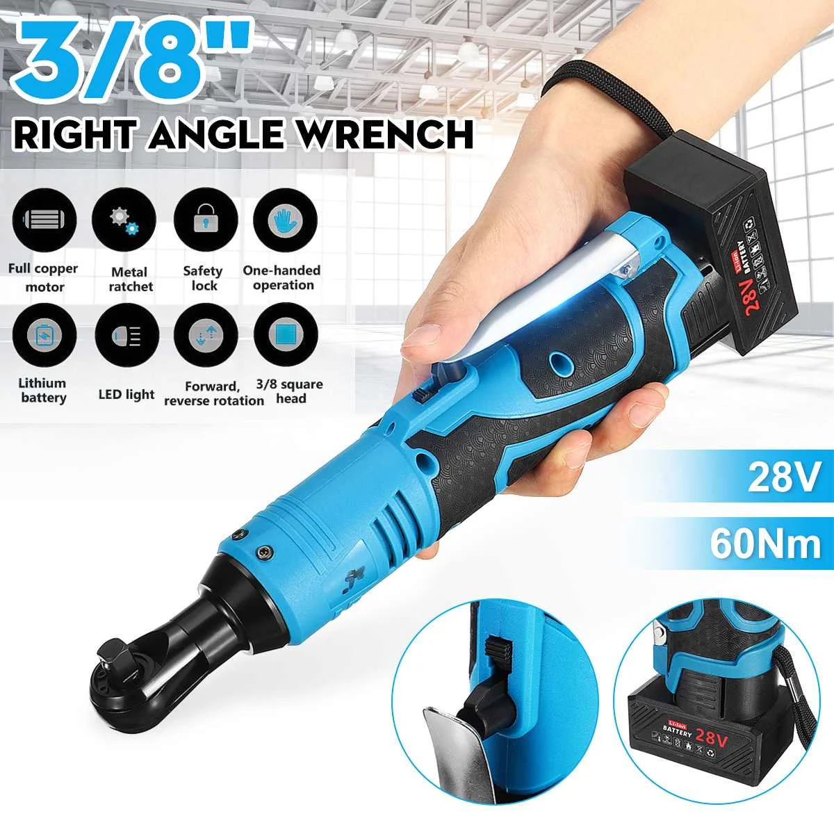 

28V 3/8 60N.m Lithium battery Rechargeable Electric Wrench Portable ratchet wrench 90 degree Power Tool wrench Quick Charger