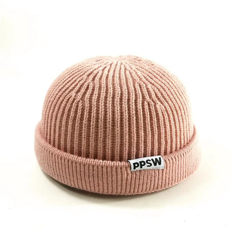 pink Вязаные шапки для мужчин, шапка с черепом, шапка бини, зимняя, Ретро стиль, без полей, мешковатая, дыня, Кепка с манжетами, рыбацкие шапочки, шапки для мужчин - Цвет: pink