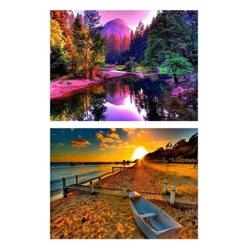 

2 Set Diamond Painting By Number Kit Full Diamond Embroidery - Boat and Ferry in the Sunset Beach & Colorful Landscape