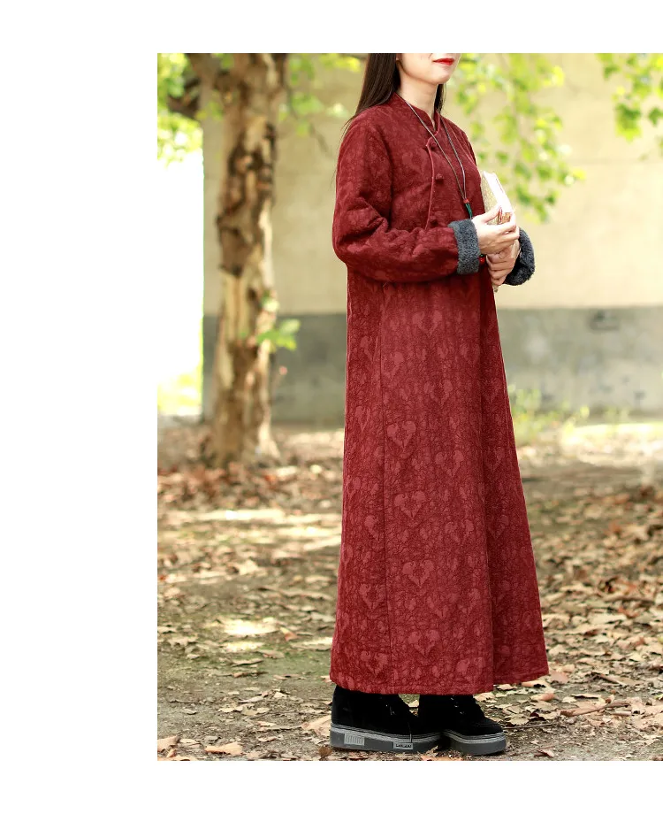 LZJN Chinese Dress Women 2019 Autumn Winter Long Sleeve Cheongsam Qipao Jacquard Fleece Lined Warm Thick Dress Robe Vestidos (8)