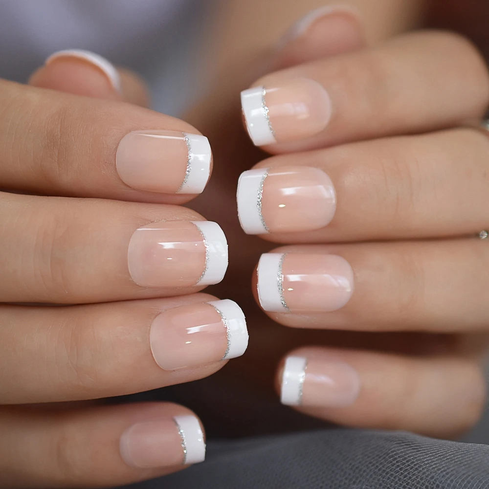 Medium Round French Nail Natural Sliver Boundary Press On Finger Nails Jelly Simple Daily Acrylic Tips 24Pcs | Красота и здоровье