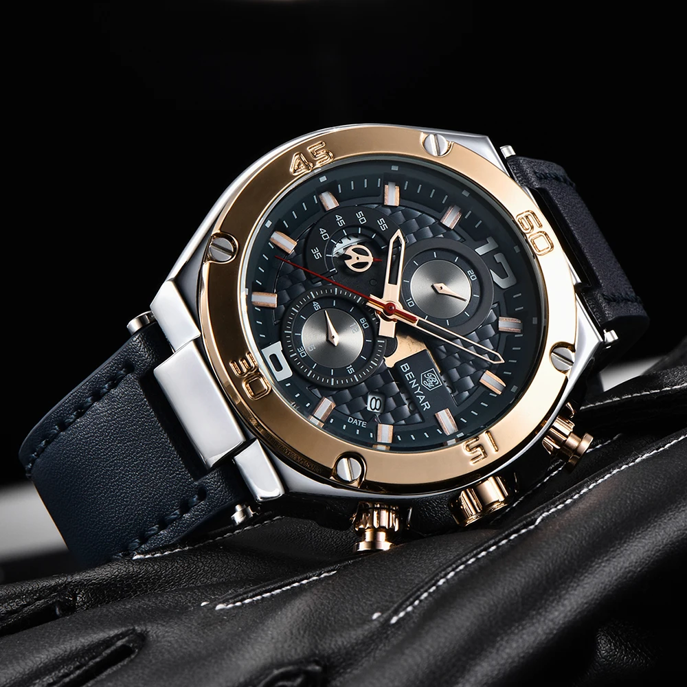 BENYAR Top Luxury Brand Watch Men Analog Chronograph Quartz Wrist Watch  leather Band Wristwatch Auto Date