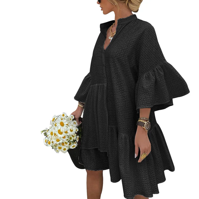 XL Loose Ladies Short Sleeve Dress Solid Color Standing Collar Irregular Straight Dress 2021 New Fashion Summer Leisure Skirt