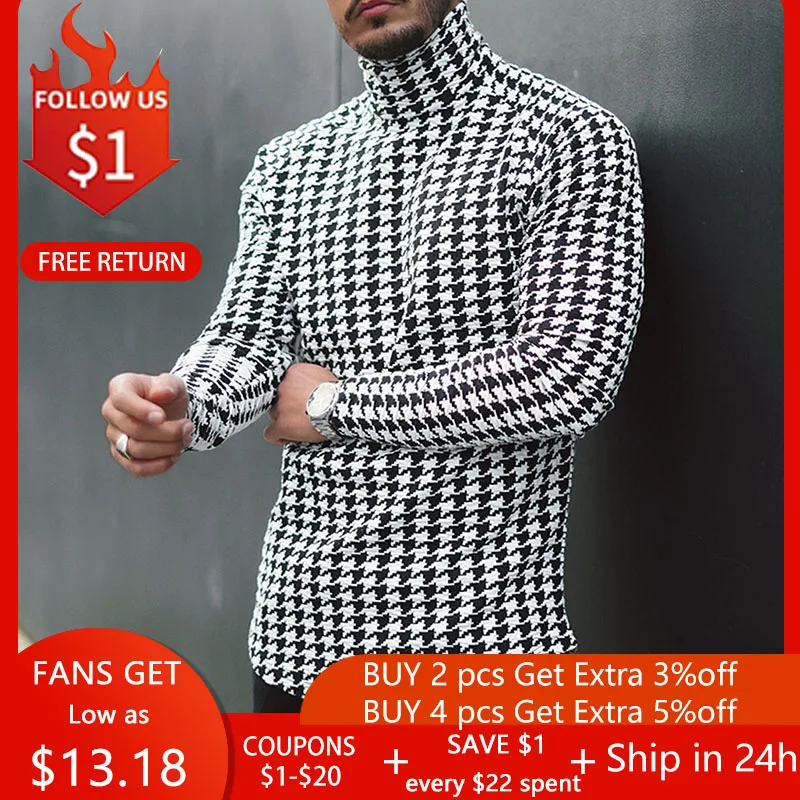 

Houndstooth Print Men T-shirt Turtleneck Long Sleeve Casual Thin Autumn Winter 2021 Basic T Shirts Men's Tops Pullover Top Male