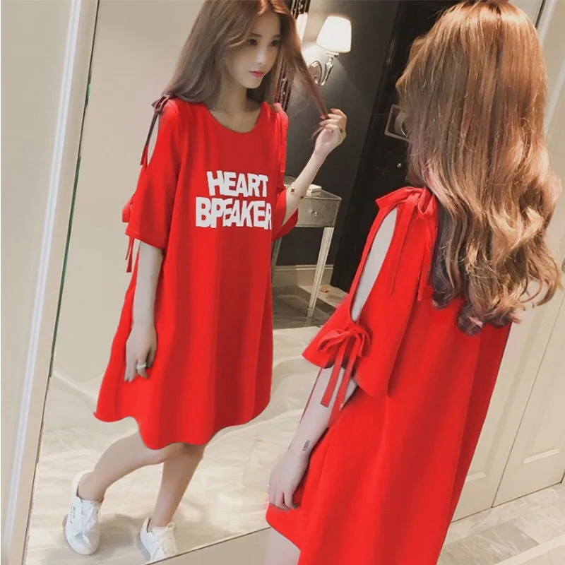 

2019 New Style Large Size Dress Bow Printed Letter Half-sleeve Shirt off-Shoulder Mid-length Short Sleeve T-shirt Dress