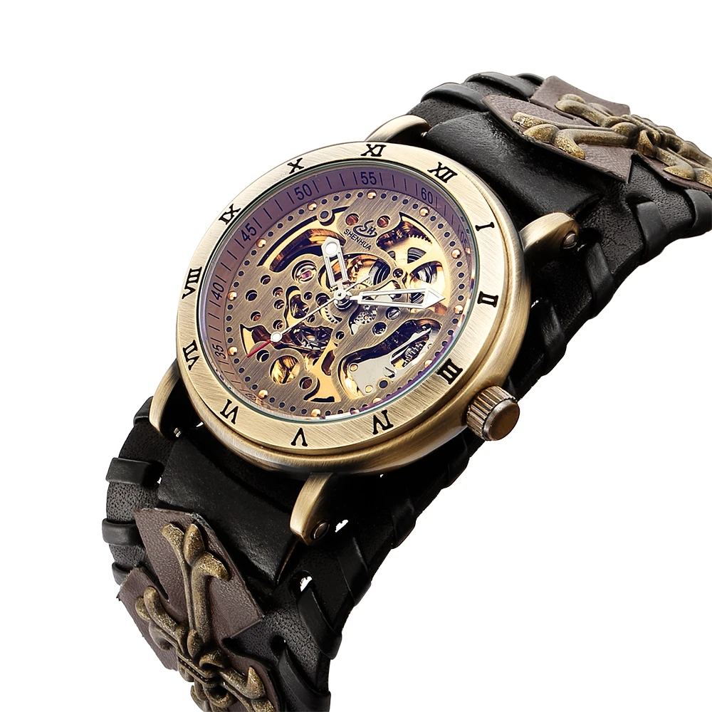 

Male Clock Automatic Mechanical Watch Cusual Bronze Unique Designs Watch for Men Gift Relogio Masculino Wristwatch Leather Strap