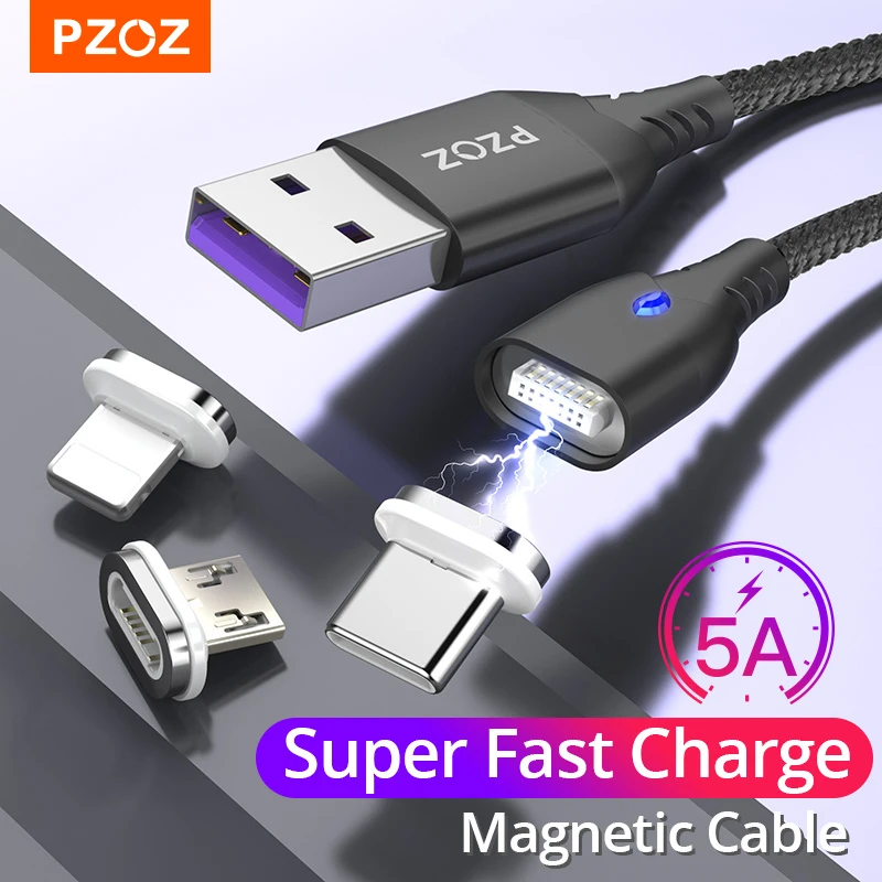 PZOZ 5A Magnético Cabo Micro usb Tipo C Tipo-C Ímã Microusb Carregador usb de Carregamento Super Rápido c Para iphone X 7 huawei cabo usb