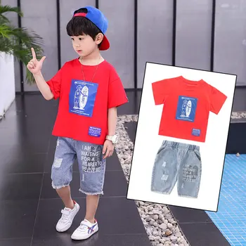 

New Summer Kids Boy Clothes Set Teens Cotton Short Sleeve T-shirt + Denim Shorts Clothes Set For Boys Trendy Clothing Set 4-13 T