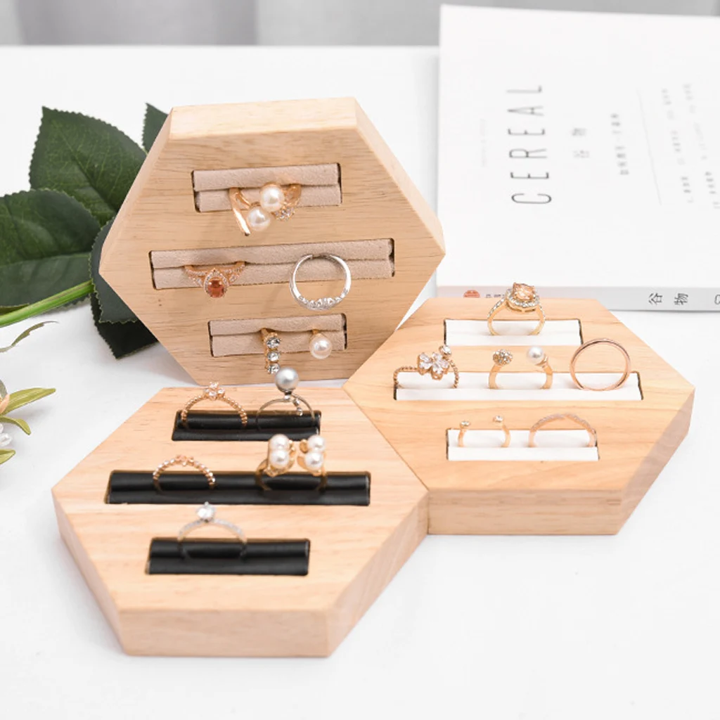 Ring Jewellery Holder Box Wood Tray Wooden 3-slot Storage Organizer Stand