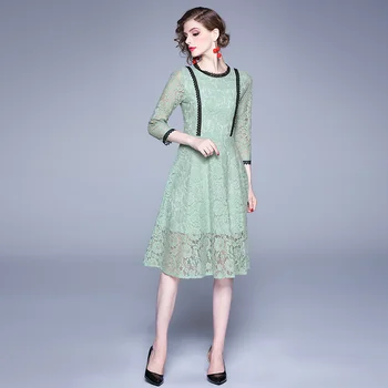 

New Women Long dress Three Quarter Sleeve Patchwork Slim Lace Dresses Pea Green 6669