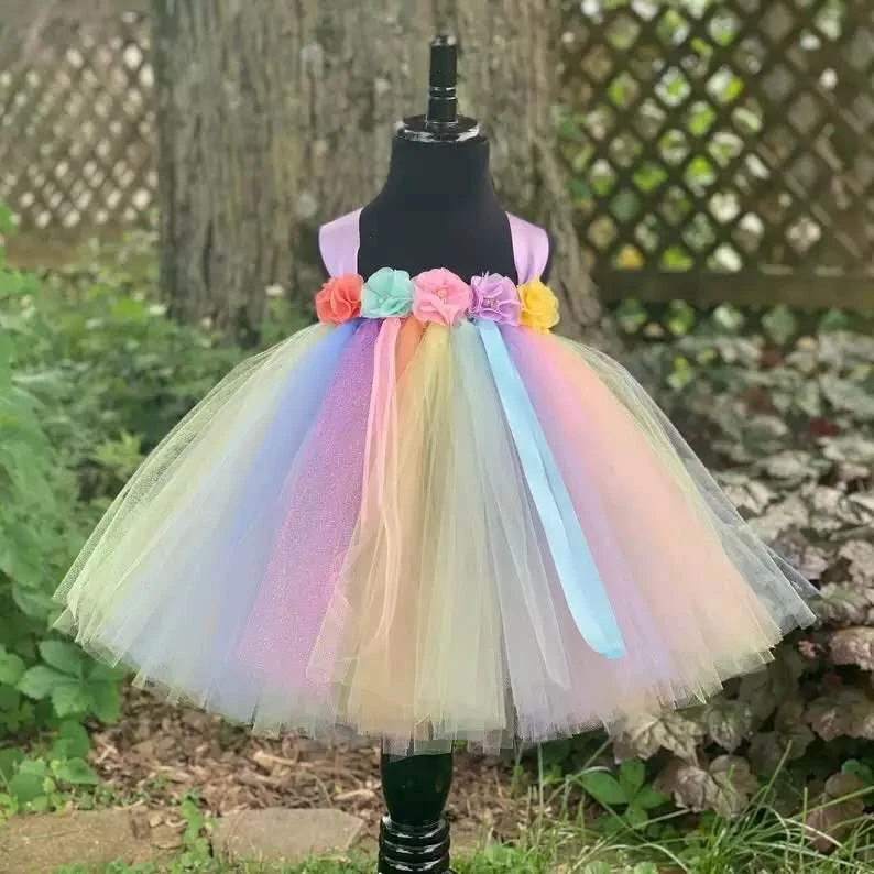 Pastel Arc En Ciel Fleur Princesse Robe Bebe Enfant En Bas Age Arc En Ciel Fleur Robes De Fete De Mariage Enfants Filles Vetements Aliexpress