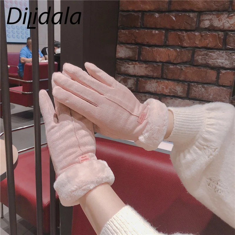 Dilidala, однотонные замшевые женские перчатки с сенсорным экраном, перчатки с пятью пальцами, женские зимние теплые простые студенческие модные перчатки для девочек