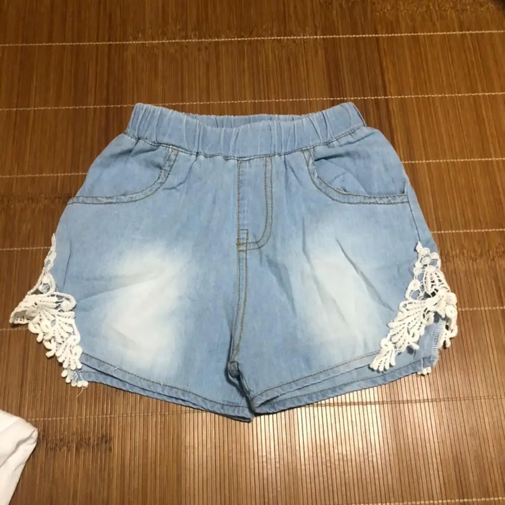 Hot Summer Fashion 2 3 4 6 8 10 12 Years Children Cotton Baby Lace Edges Patchwork Jeans Kids Girls Denim Blue Shorts