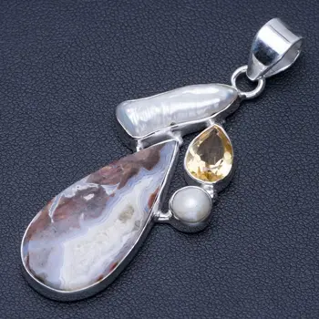 

Natural Crazy Lace Agate,Citrine,Biwa Pearl and Pearl 925 Sterling Silver Pendant 2 1/4" Q0829