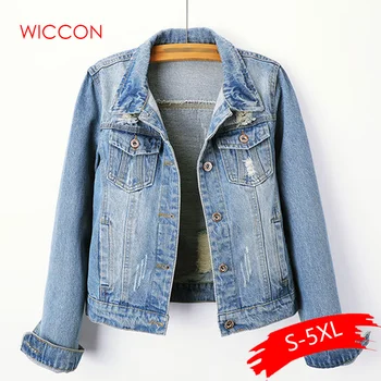 

2020 Plus Size 5XL Denim Jacket Women Boyfriend Jean Coat Streetwear Vintage Autumn Basic Outerwear