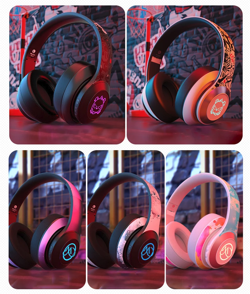Wireless Bluetooth Headphones LED Luminous Earphone Head Mounted Foldable Deep Bass Sports Gaming Headsets For Mobile PC