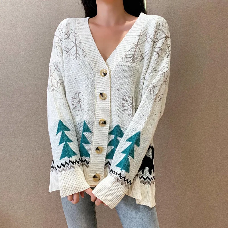 

Paris Girl Winter Knit Female Cardigan Loose Christmas Snowflake Pattern Sweater Coat Women V Neck Knitted Cardigan Women Jacket