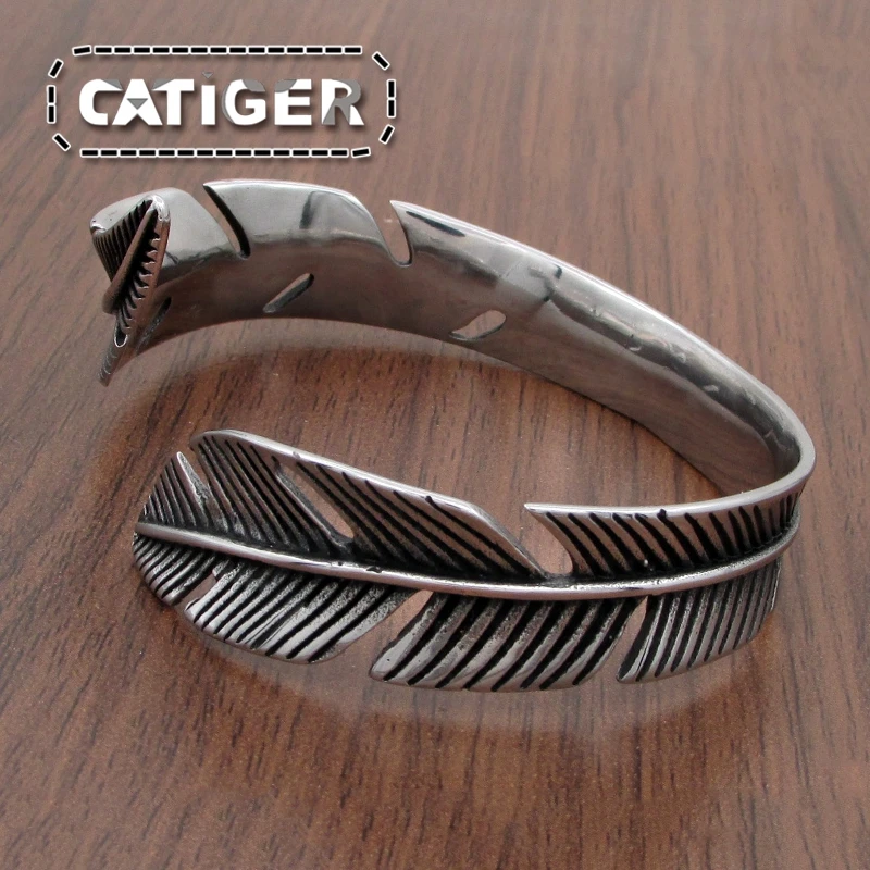 Vintage 316L Stainless Steel Feather Shape Open Cuff Bangle Bracelet For Men Or Women Classic Retro Style Rock Jewelry 6
