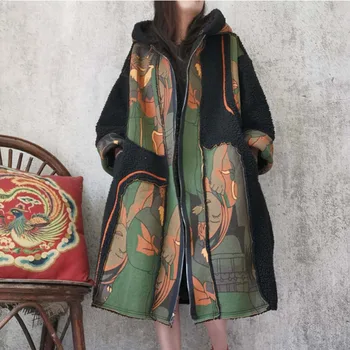 

QING MO Hooded Women Fashionable Coat 2020 Winter Fashion Women Flower Printed Coat Female Vintage Loose Coat ZQY5975