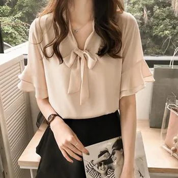 

Summer women's short-sleeved V-neck shirt bow chiffon shirt cover belly loose lotus leaf sleeve T-shirt