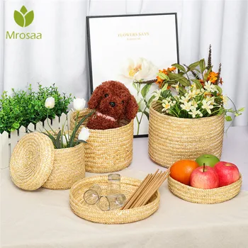 

3 Pcs/Set Handmade Straw Woven Storage Basket With Lid Snack Organizer Storage Box Laundry Baskets Rattan Storage Flower Basket