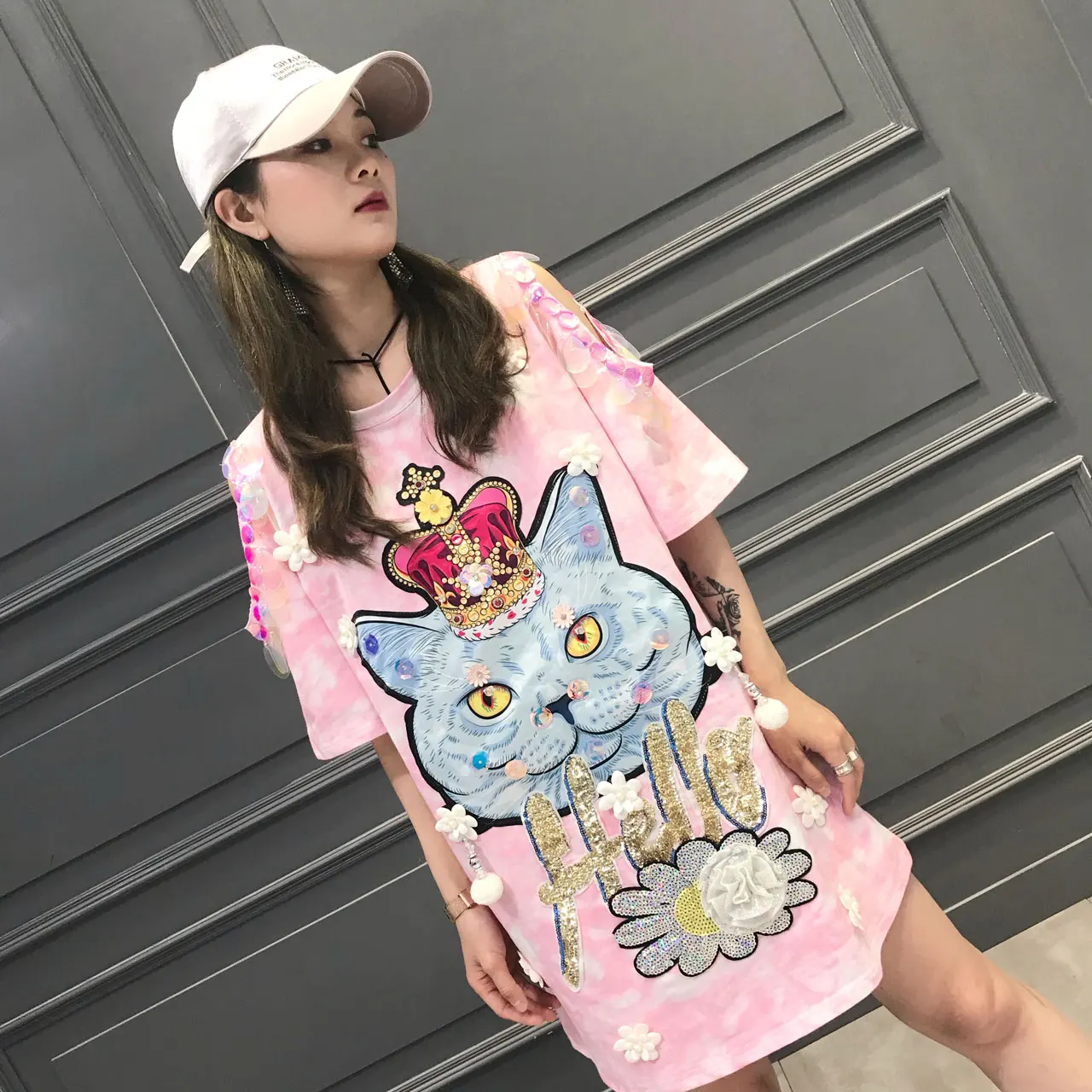 Kawaii, расшитые блестками топы с котом, женская розовая Повседневная футболка с коротким рукавом и круглым вырезом, женская летняя футболка для отдыха, женская футболка с открытым плечом, SA340S30